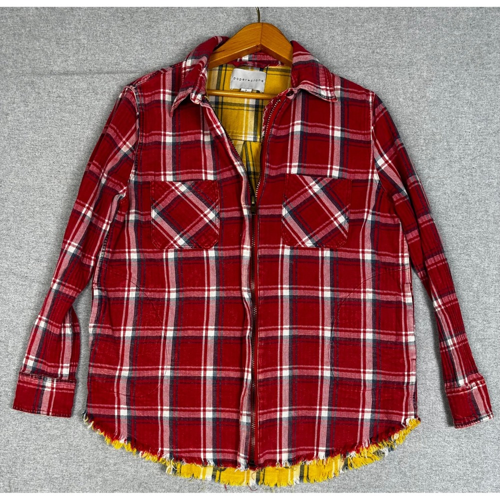Paper Crane Flannel Shirt Jacket‎ Mens M Red Plaid Frayed Zip Shacket